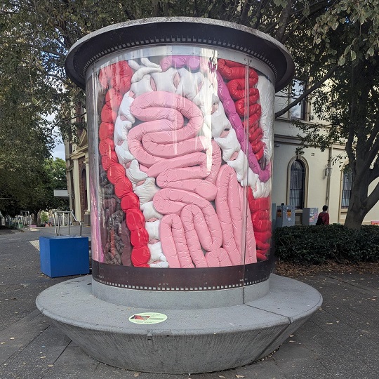 A contemporary textile art piece composed of glossy, padded fabric tubes arranged in intricate, overlapping patterns. The tubes that resemble guts, are encased in a perspex cylindrical structure with a concrete seat around the lower circumference.The colour palette includes pastel pink, fuchsia, white, and deep burgundy tones, resembling abstract, organic forms. The tubes are tightly coiled and layered, creating a plush, three-dimensional texture.